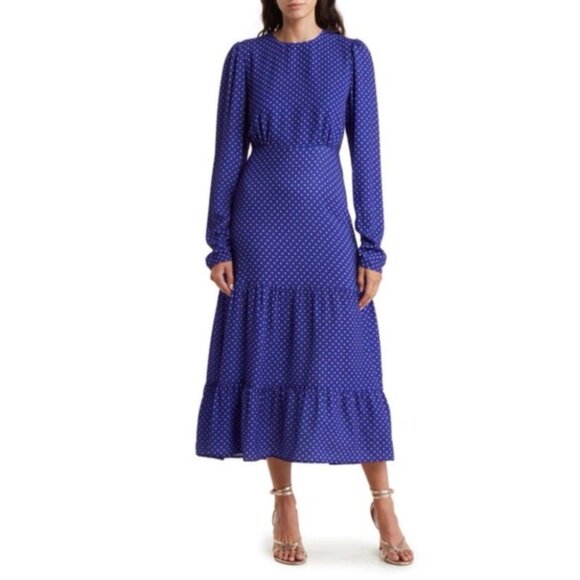 Area Stars Midi Dress XS Extra Small Blue Purple Dot Long Sleeve Tiered NEW - Picture 1 of 15